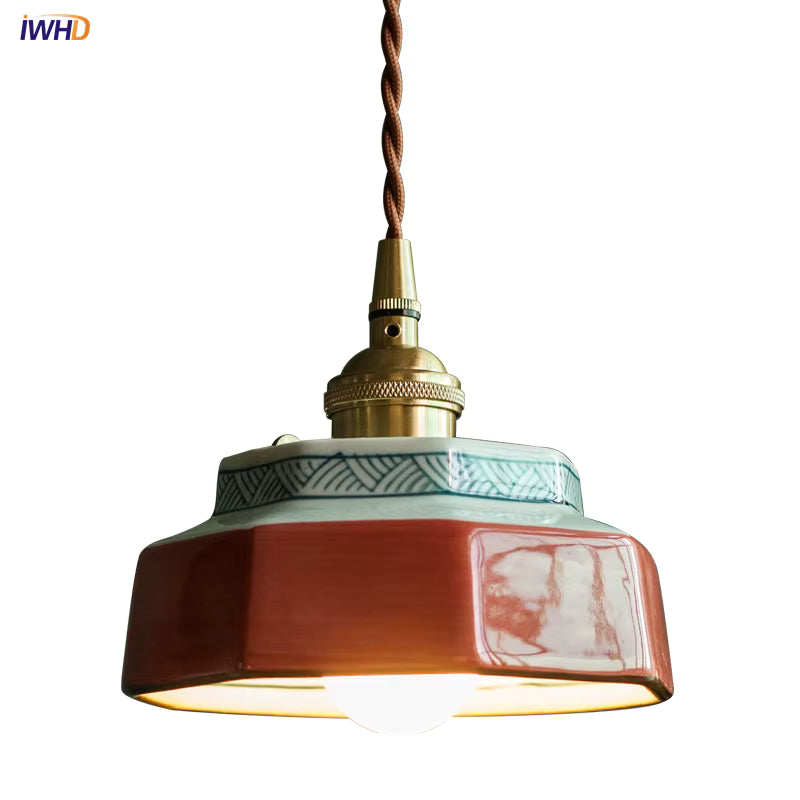 Retro LED Pendelleuchte  Handbemalte Keramik