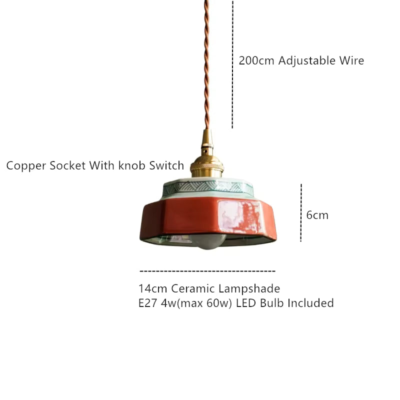 Retro LED Pendelleuchte  Handbemalte Keramik